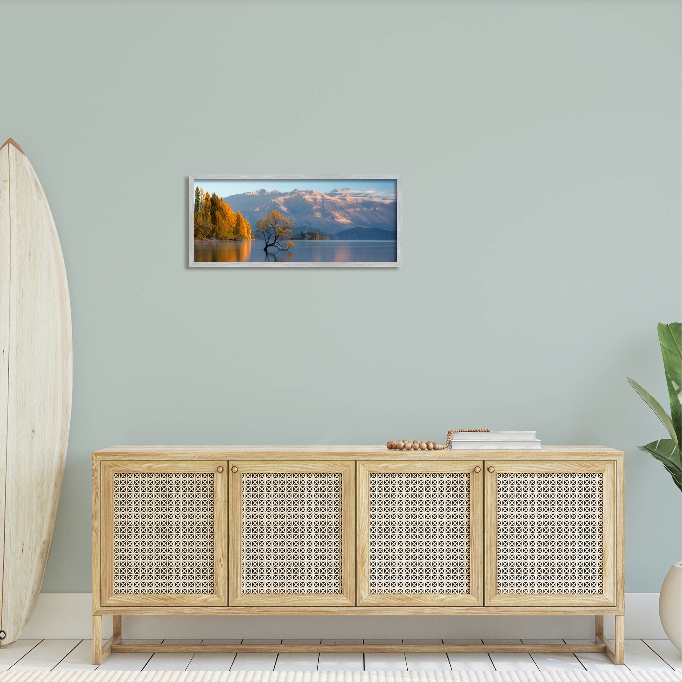 Relaxing Lake Reflection Distant Mountains Landscape Photograph Gray Framed Art Print Wall Art