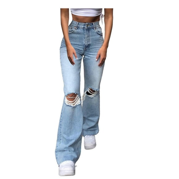 Baberdicy Ripped Baggy Jeans Women Pants Hole Denim Button Elastic Pocket Waist Jeans Trousers High Loose Women's Jeans Womens Jeans, A-Blue, Size: XXL