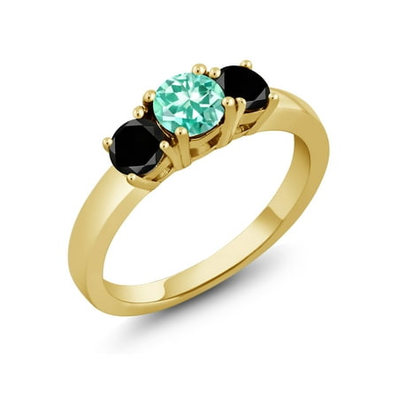 Blue Apatite Ring - 1.04 Ct Round Blue Apatite Black Diamond 18K Yellow Gold Plated Silver Ring