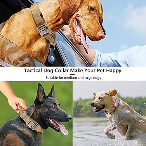Tactical Dog Collar, Adjustable Military Training Nylon Dog Collar with Control Handle and Heavy Metal Buckle for Medium and Large Dogs, with Patches and Airtags Case (S, Brown)