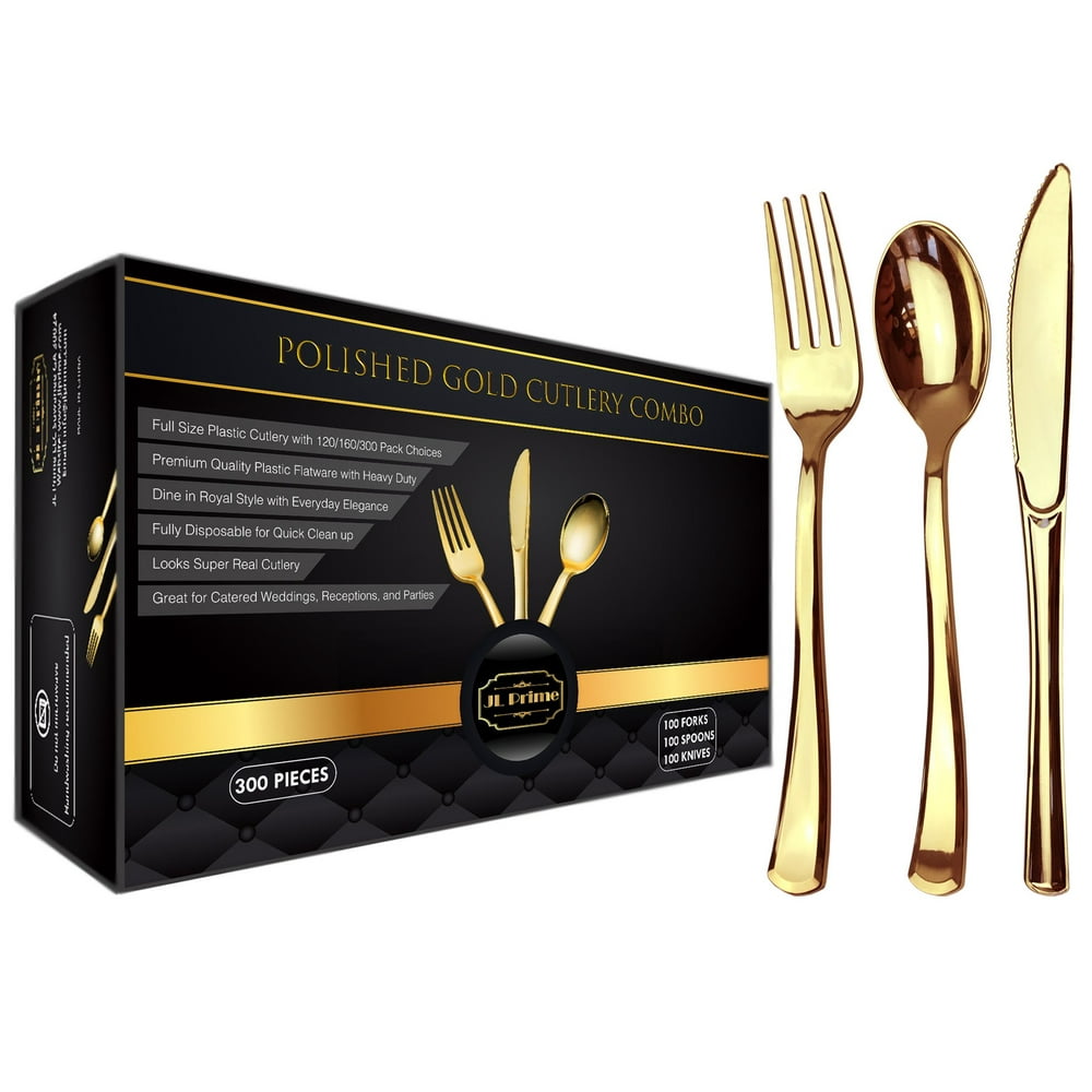 JL Prime 300 Gold Plastic Silverware Set, Gold Plastic Cutlery Set
