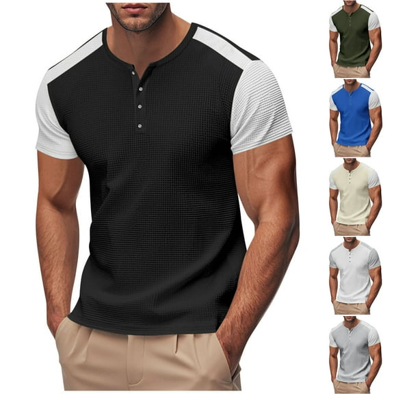ZRGHAOYLQ Waffle Henley Casual Shirts for Men Plus Size Short Sleeve Button Up V Neck Shirt Big and Tall Color Block Shirt Slim Fit Muscle Tshirts