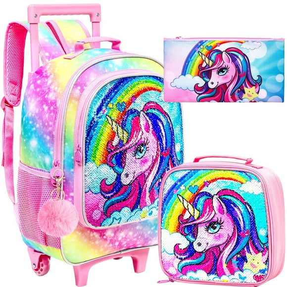Mochila rodante FTJCF Unicorn para niñas con bolsa de almuerzo y estuche para lápices