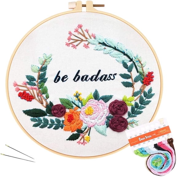 VOCHIC Funny Embroidery Kit for Beginners Flower Wreath Cross Stitch Adults Needlepoint Kit DIY Embroidery Starter Kit