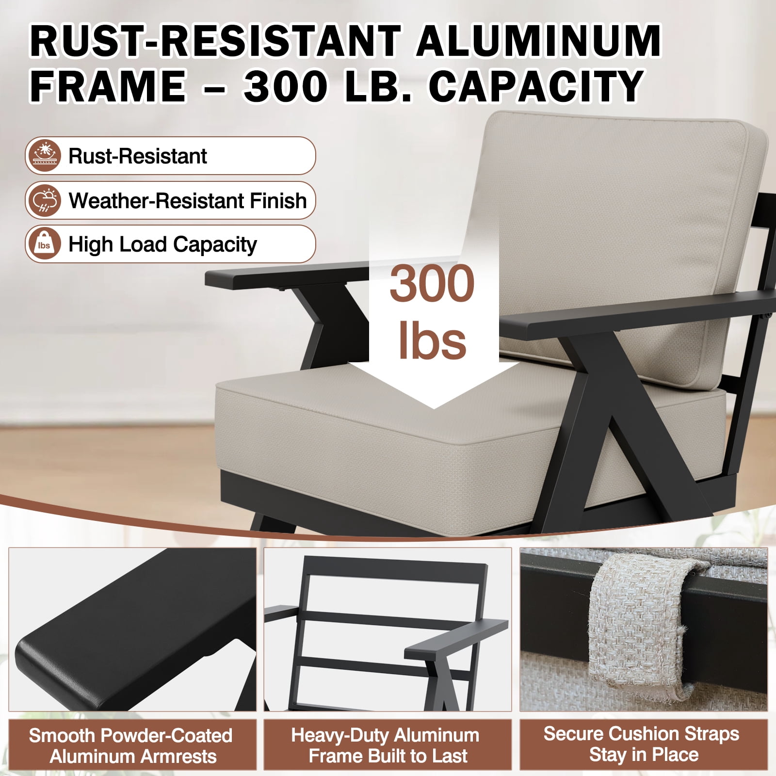 EAGLE PEAK Urban Slate Modern Patio Accent Chair Set of 2 with Thick Cushions，Black/Beige