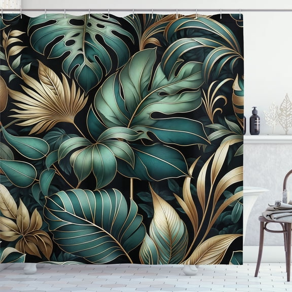 Ambesonne Green Shower Curtain, Night Jungle Leaves Jade Tone, 69"Wx75"L, Petrol Blue Khaki Teal