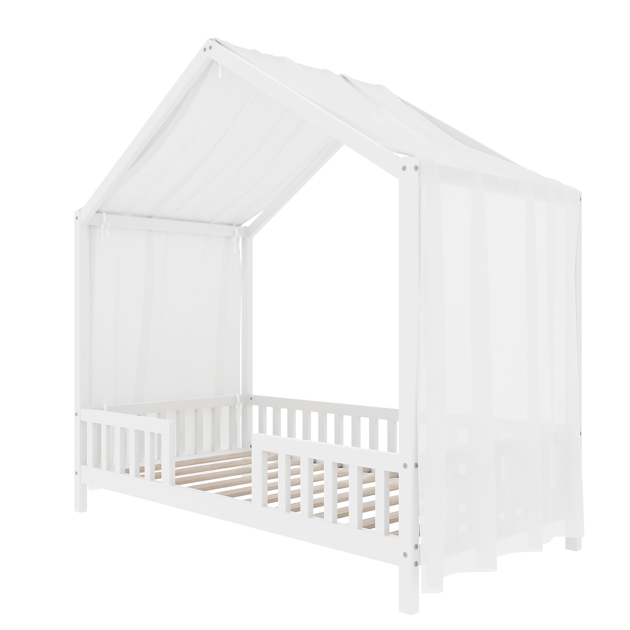 Noble House Twin Floor Bed with Canopy and Guardrails, Wood House Bed Frame for Kids, White