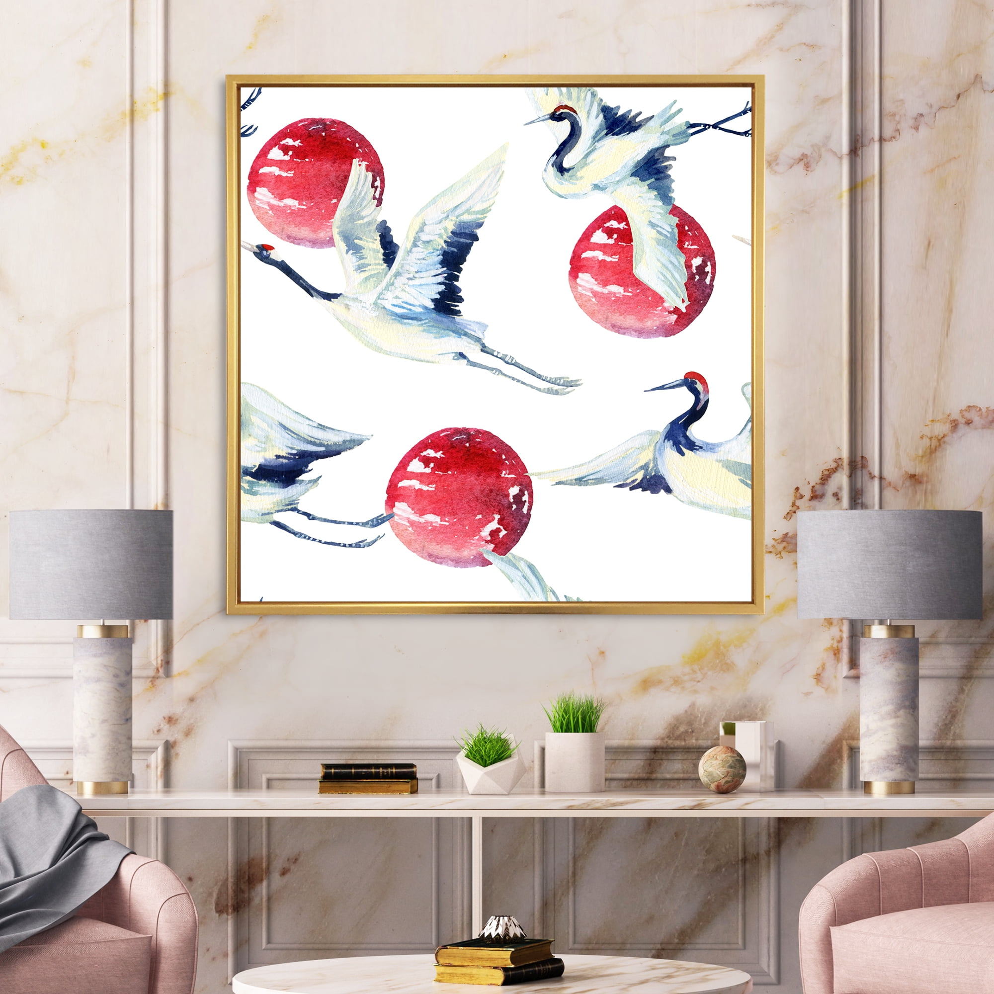 Designart 'Red Full Moon With Asian Crane Bird' Traditional Framed Canvas Wall Art Print