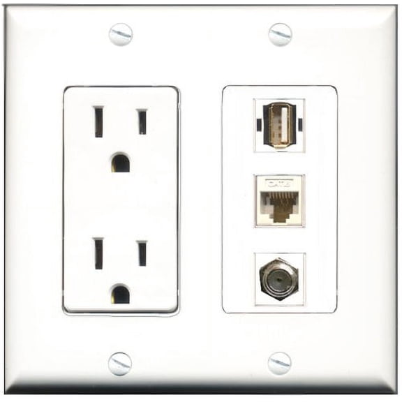 RiteAV - 15 Amp Power Outlet 1 Port Coax 1 Port USB A-A 1 Port Cat6 Ethernet Ethernet White Decorative Wall Plate