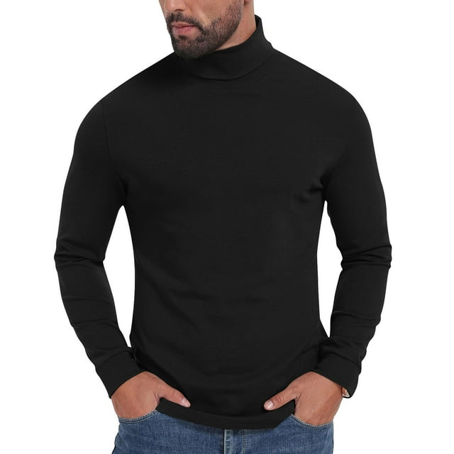 Men's Slim Fit Solid Color Turtleneck Base Layer Essential Clothing Stretch Clothes Long Sleeve Tops Pullover Tees Warm Layering Piece Modern Minimalist Style