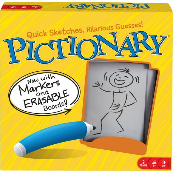 Pictionary Family Board Game for Kids, Adults and Game Night with Erasable Boards and Markers - English Version, Ages 8+
