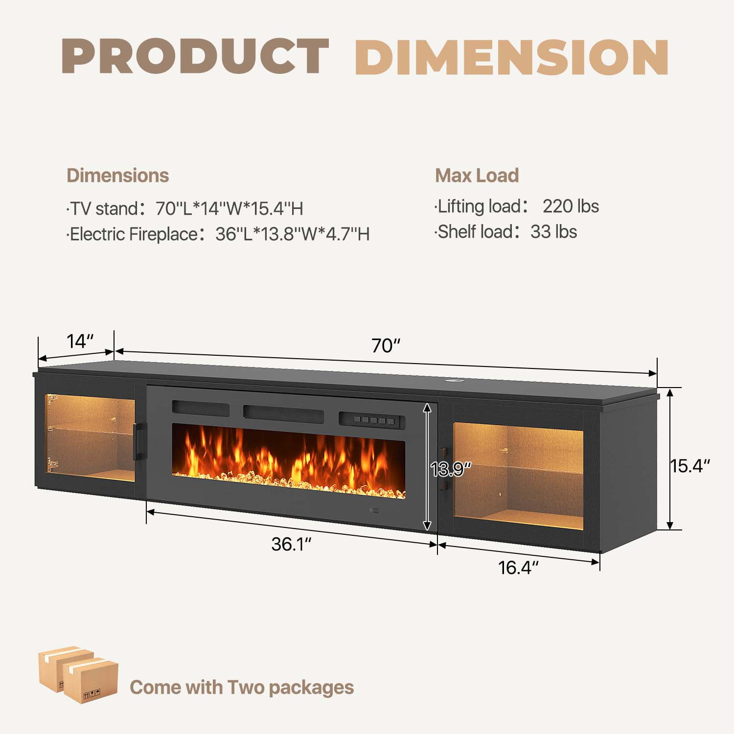BaPiPro 70" Floating Fireplace TV Stand for TVs up to 80", Wall Mounted Entertainment Center with Media Storage, Console Table with 36" Electric Fireplace, Modern Black