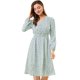 thumbnail image 1 of Vestido a media pierna con cuello en V y estampado floral con cintura fruncida Floral Blanco-Azul M, 1 of 6