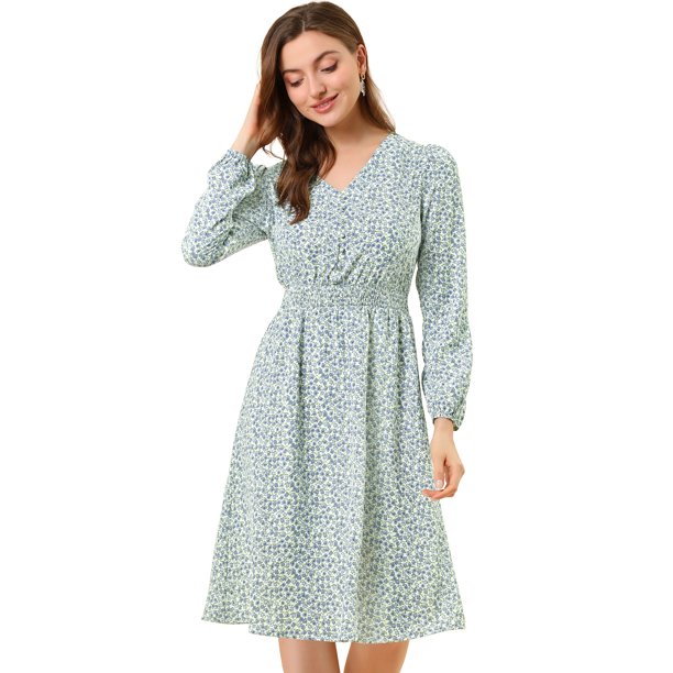 Vestido a media pierna con cuello en V y estampado floral con cintura fruncida Floral Blanco-Azul M
