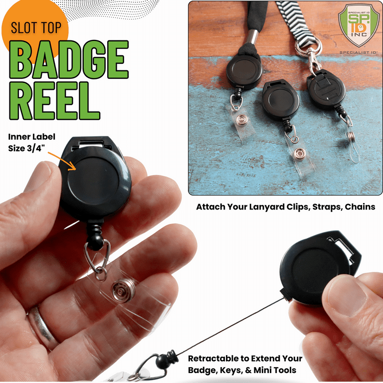 5 Pack - Retractable Badge Reel with Lanyard Attachment Slot -Attach Your Neck Chain, Metal Hook, Key Ring or Strap Clip Through Top Slot for Extendable Badge or Keycard Access by Specialist ID
