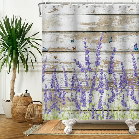 SUNOLIFE Purple Lavender Shower Curtain Rustic Floral Waterproof Fabric Bathroom Curtain 72x72 in