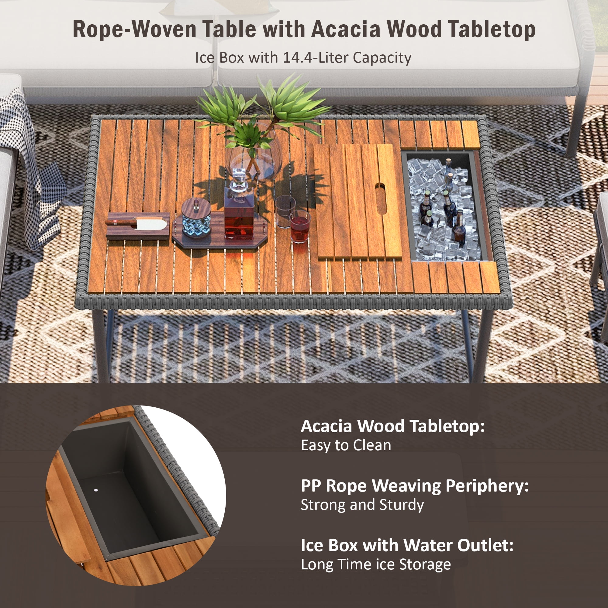 Aukfa 6-Piece Outdoor Furniture Set, Rope Weave Patio Conversation Set w/ Wood Table & Icebox, Gray