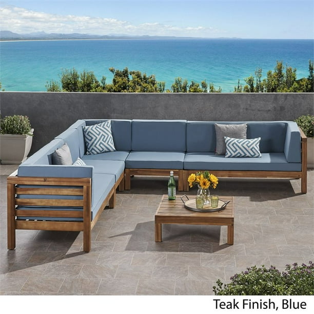 Noble House Oana 7 Seater Acacia Wood Sectional Sofa Set Teak Blue