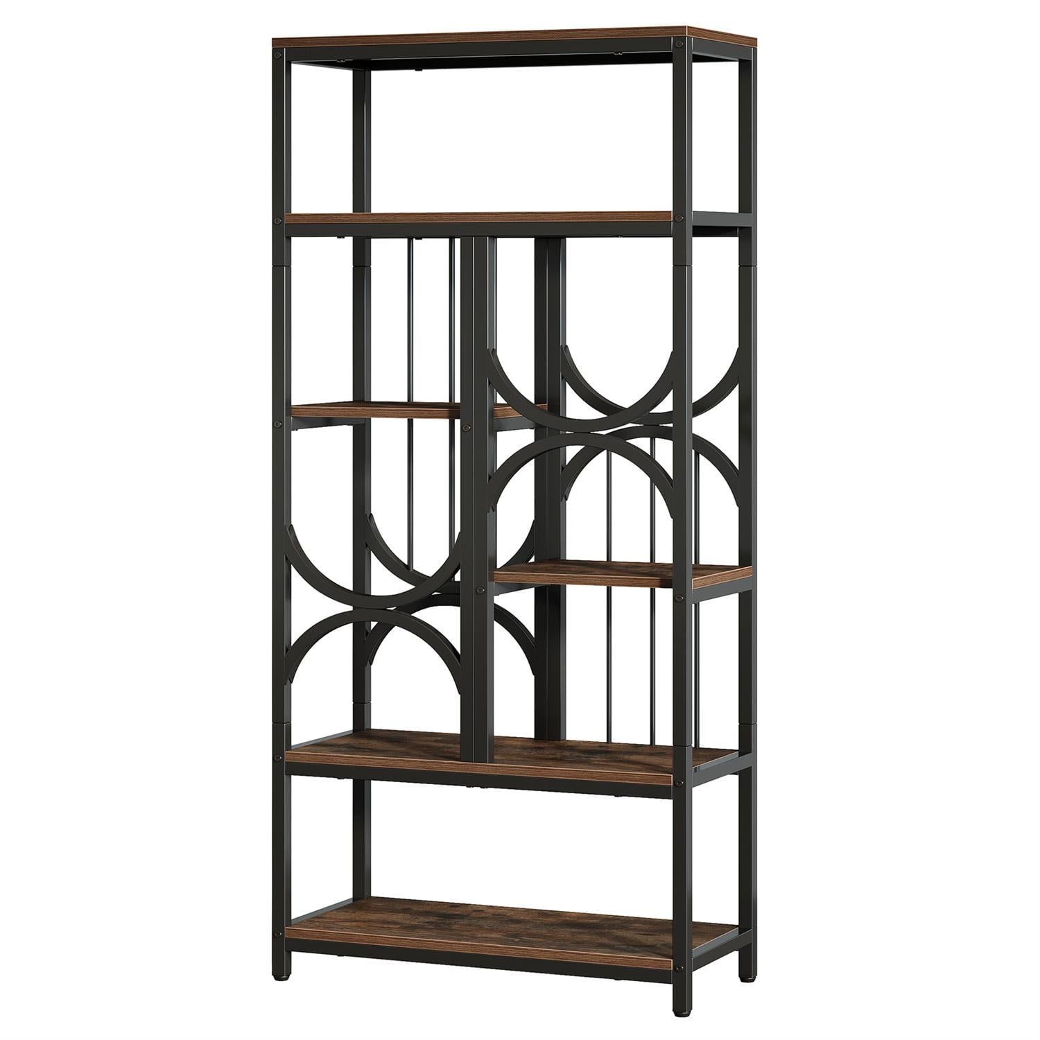 Demi Bonn 70" Industrial Metal & Wood Bookcase, Sturdy Multi-Level Display Shelf, Stylish Decorative Storage Rack for Home Office, Brown