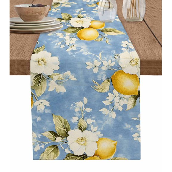Botanical Lemon Table Runner 48 Inches, Country Fruit Blue Pastoral Bed Runner Dresser Scarves Tabletop for Indoor Outdoor Parties/Ceremony/Banquet, 13" x 48"