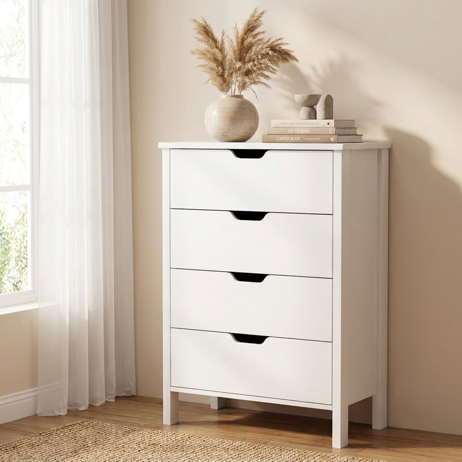 Furnibear 4-Drawer Dresser Wooden Nightstand with Anti-Tipping Kits for Bedroom Closet Living Room Nursery Clothes Storage, White