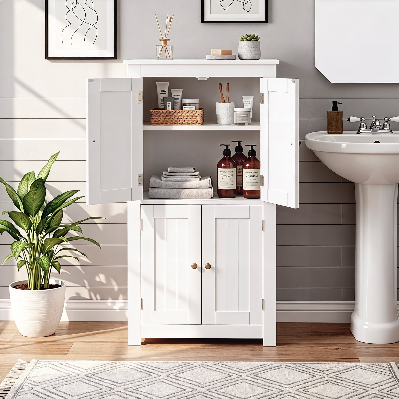 Ktaxon Bathroom Floor Storage Cabinet, Freestanding Cabinet with 4 Doors, Adjustable Shelves, White