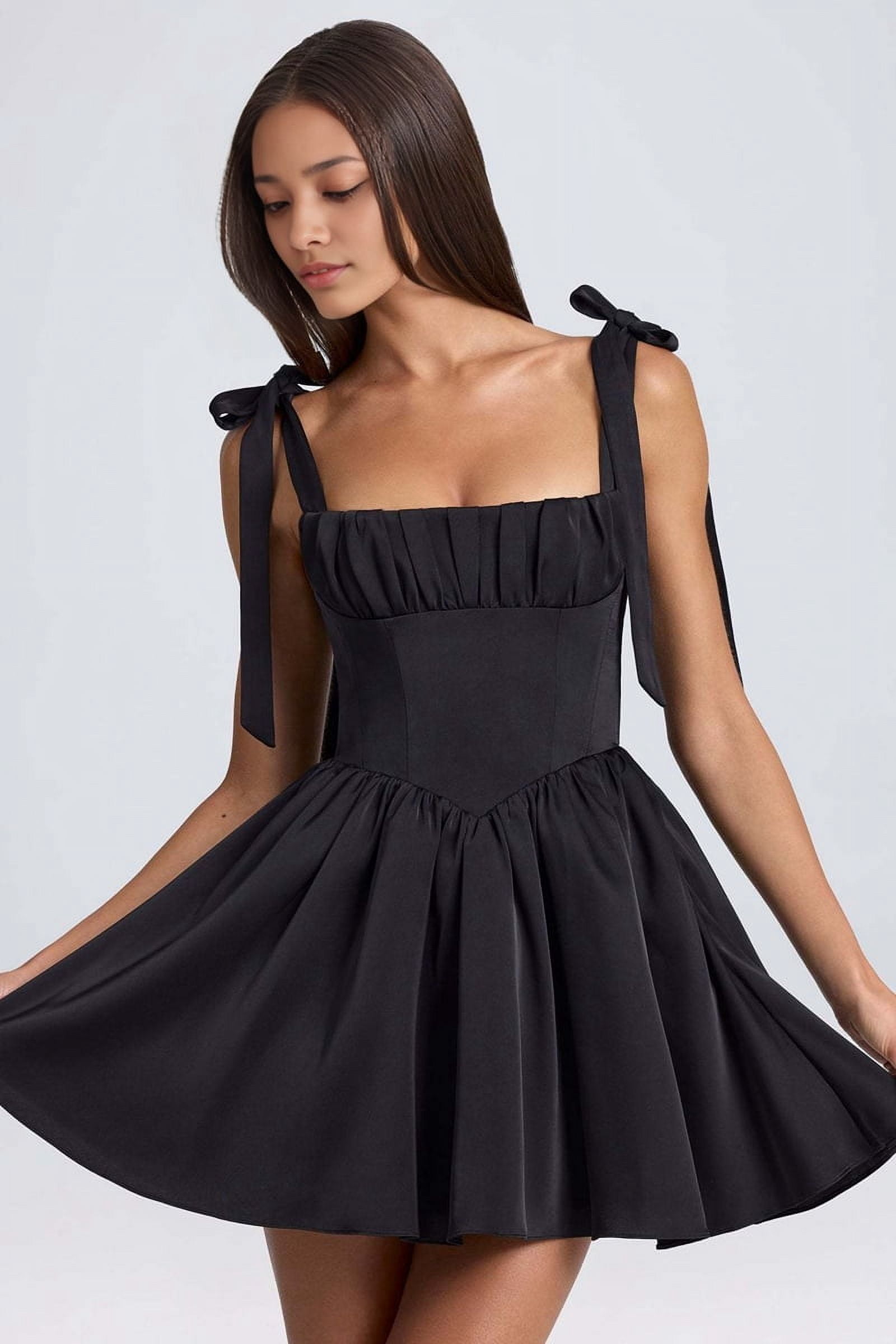 Smocked Ruched A Line Swing Dress Layered Tie Shoulder Flowy - Dress Black S