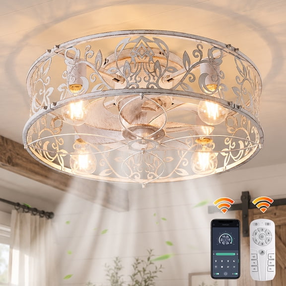 Garwarm 20in. Distressed White Caged Farmhouse Ceiling Fan with Lights and Remote, 6-Speed Reversible Low Profile Flush Mount Ceiling Fan, Industrial Enclosed for Bedroom, Kitchen