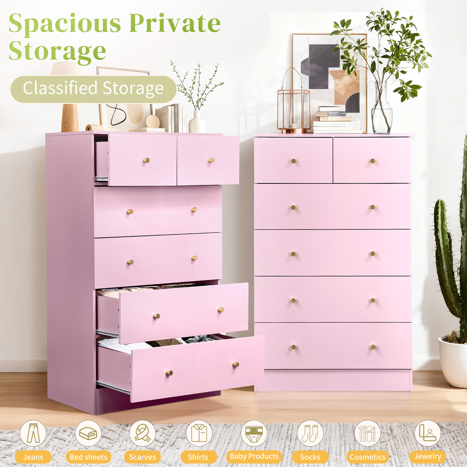 Ktaxon Large 6 Drawers Dresser Chests for Bedroom, Wood Chset of Drawers,Dressers Organizer for Bedroom, Living Room,Hallway, Pink