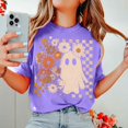 thumbnail image 4 of Floral Ghost Halloween T-Shirt, Retro Daisy Checker Graphic Tee, Comfort Colors Spooky Season Fall Apparel Gift for Women - Violet, XL, 4 of 5