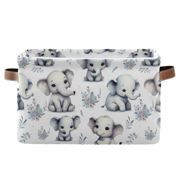 Cute Baby Elephant and Plant Storage Bins with Handle Fabric Organizer Basket Foldable Box 1 Pack 14.2x10.2x8.3