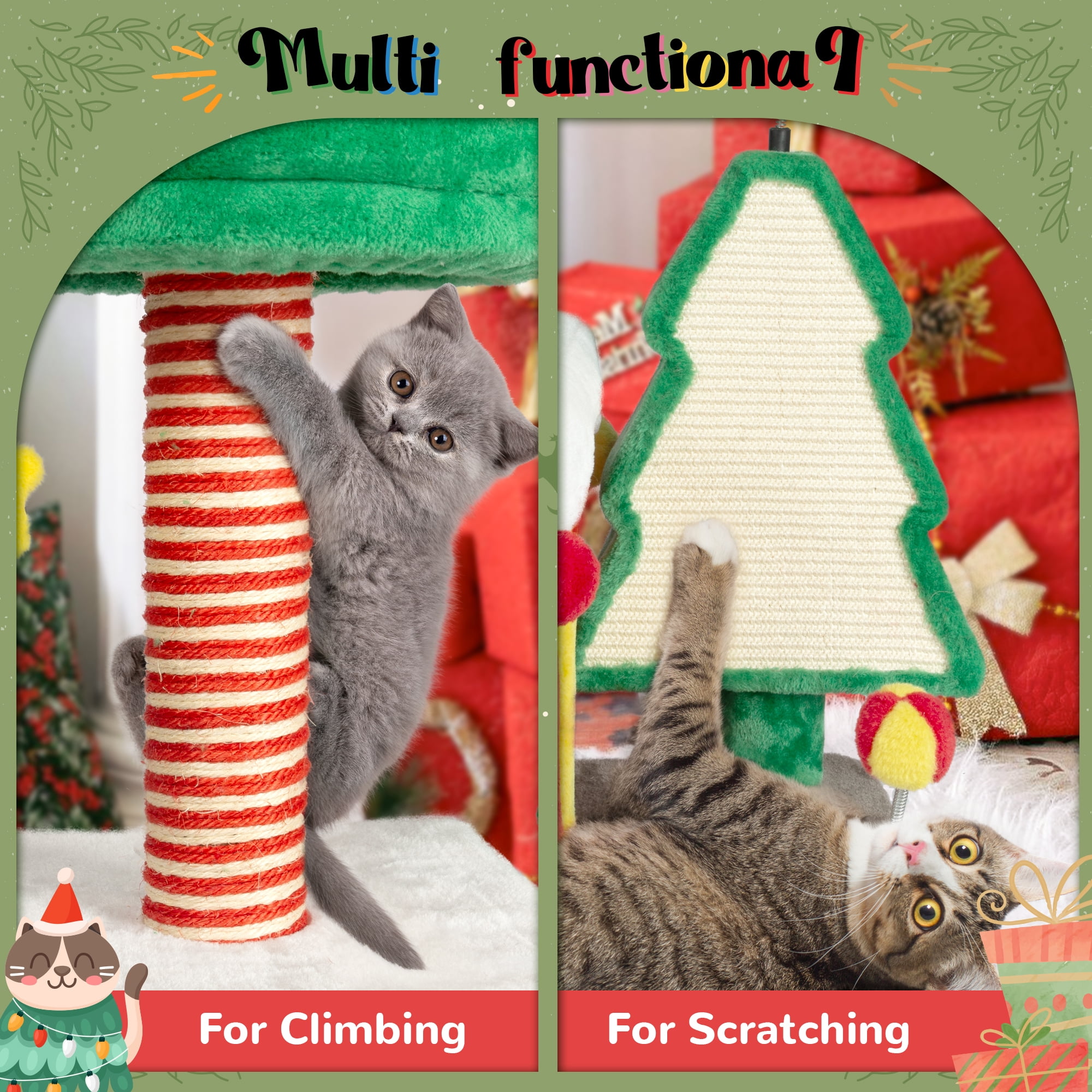 LHBCraft Christmas Cat Tree, 33.5" Multi-Level Cat Tower with Cat Condos, Top Perches, Sisal Ramp Scratching Posts, Cozy Basket, Hammocks, Large Cat Pet Activity Structure