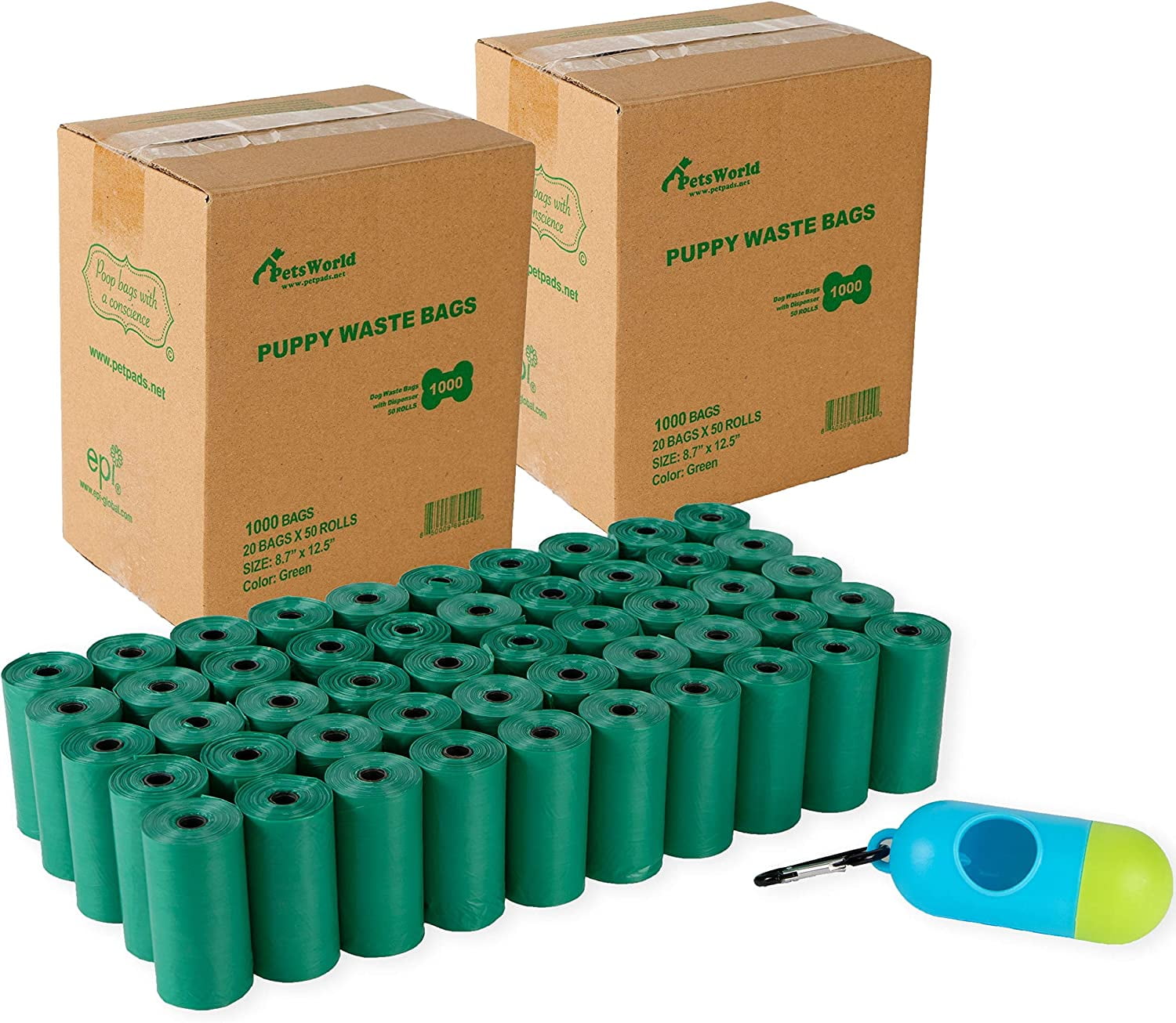 PETSWORLD 6000 Cucumber Scented Dog Waste Bags, Extra Thick and Sturdy Poop Bags for Dogs, Guaranteed Leak-proof, 20 Waste Bags Per Roll with FREE Leash Clip and Bag Dispenser