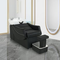 BarberPub Backwash Shampoo Station Chair with Independent Footrest, Ceramic Shampoo Bowl for Home Spa Salon Barbershop, Black