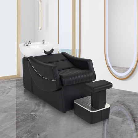 BarberPub Backwash Shampoo Station Chair with Independent Footrest, Ceramic Shampoo Bowl for Home Spa Salon Barbershop, Black