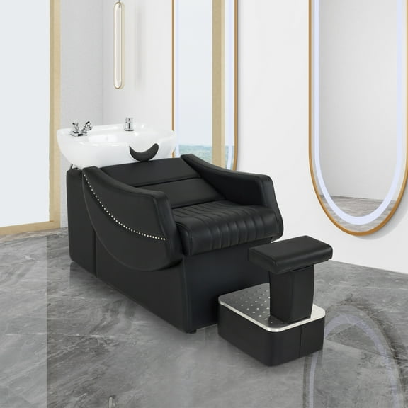 BarberPub Backwash Shampoo Station Chair with Independent Footrest, Ceramic Shampoo Bowl for Home Spa Salon Barbershop, Black