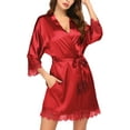 thumbnail image 2 of Oudiya Women's Silk Satin Robe Kimono with Short Lace Trim and Pockets 3/4 Sleeve Sexy Sleepwear for Bride, XS-XXL, 2 of 5