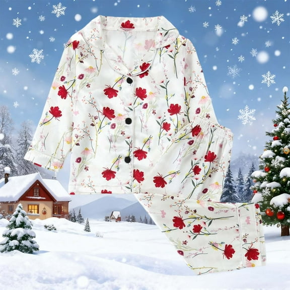 CUZIBR Girls Christmas Clothing Sets Cartoon Print Long Sleeve Button Loungewear Turndown Collar Top And Pants Soft Homewear Outfits For Winter Warm Dailywear,White,18-24 Months