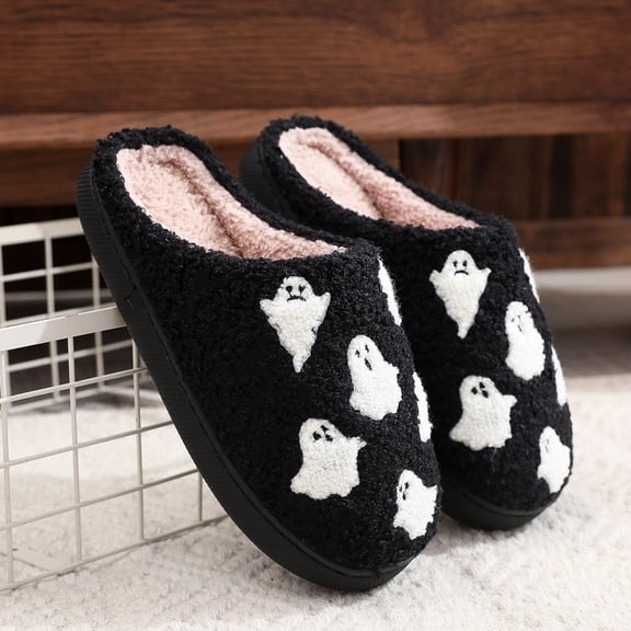 HTHLVMD All Over Ghost Slippers, Cute Pattern House Shoes, Halloween All Over Ghost Slippers Cute Pattern Fuzzy House Shoes Warm Plush Closed Toe Slip On Clog Indoor Footwear, Black 5.5
