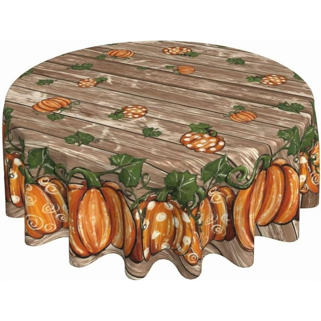 Nappe d'Automne Ronde 70 x 70 Pouces Action de Grâce Bois Citrouilles Orange Nappe Tissu Polyester Ferme Récolte Nappe d'Automne pour Cuisine Fête Pique-Nique Déco Extérieure