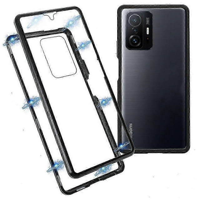For Xiaomi 11t/11t Pro Magnetic Closure Phone Case Metal Bumper + Double-sided Tempered Glass Cover