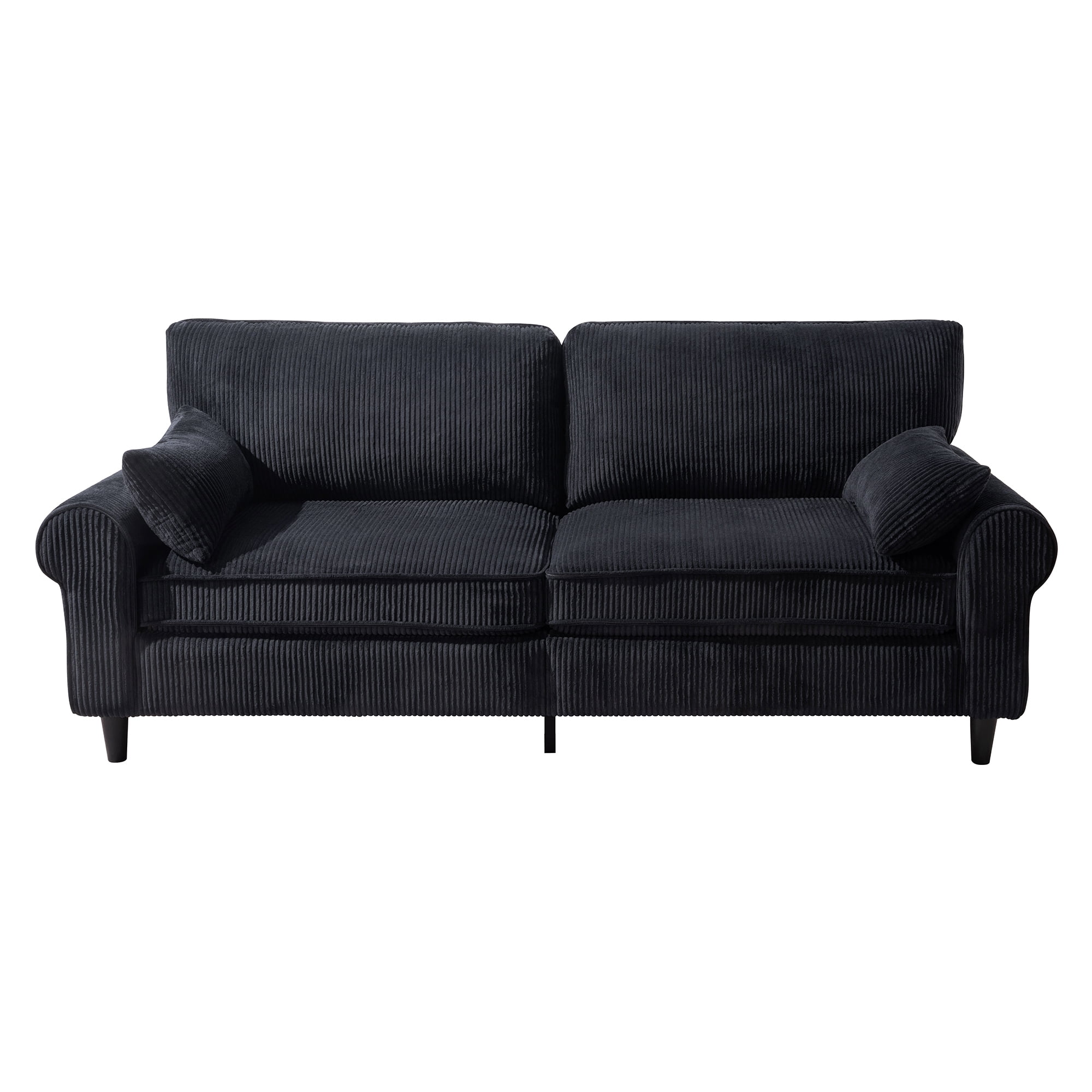 Aukfa 81" Roll Arm Sofa 3 Seat Deep Seat Upholstered Couch for Living Room Bedroom, 2 Pillows, Corduroy, Black
