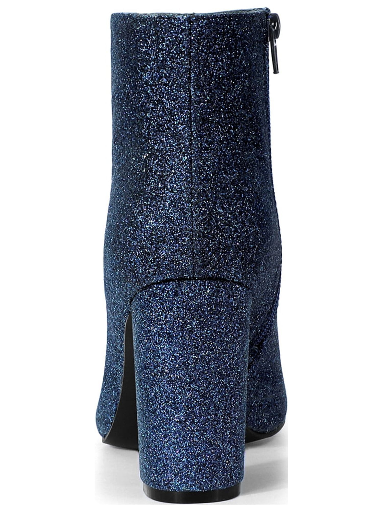 Unique Bargains Women's Glitter Pointed Toe Chunky Heel Ankle Boots Navy Blue 7