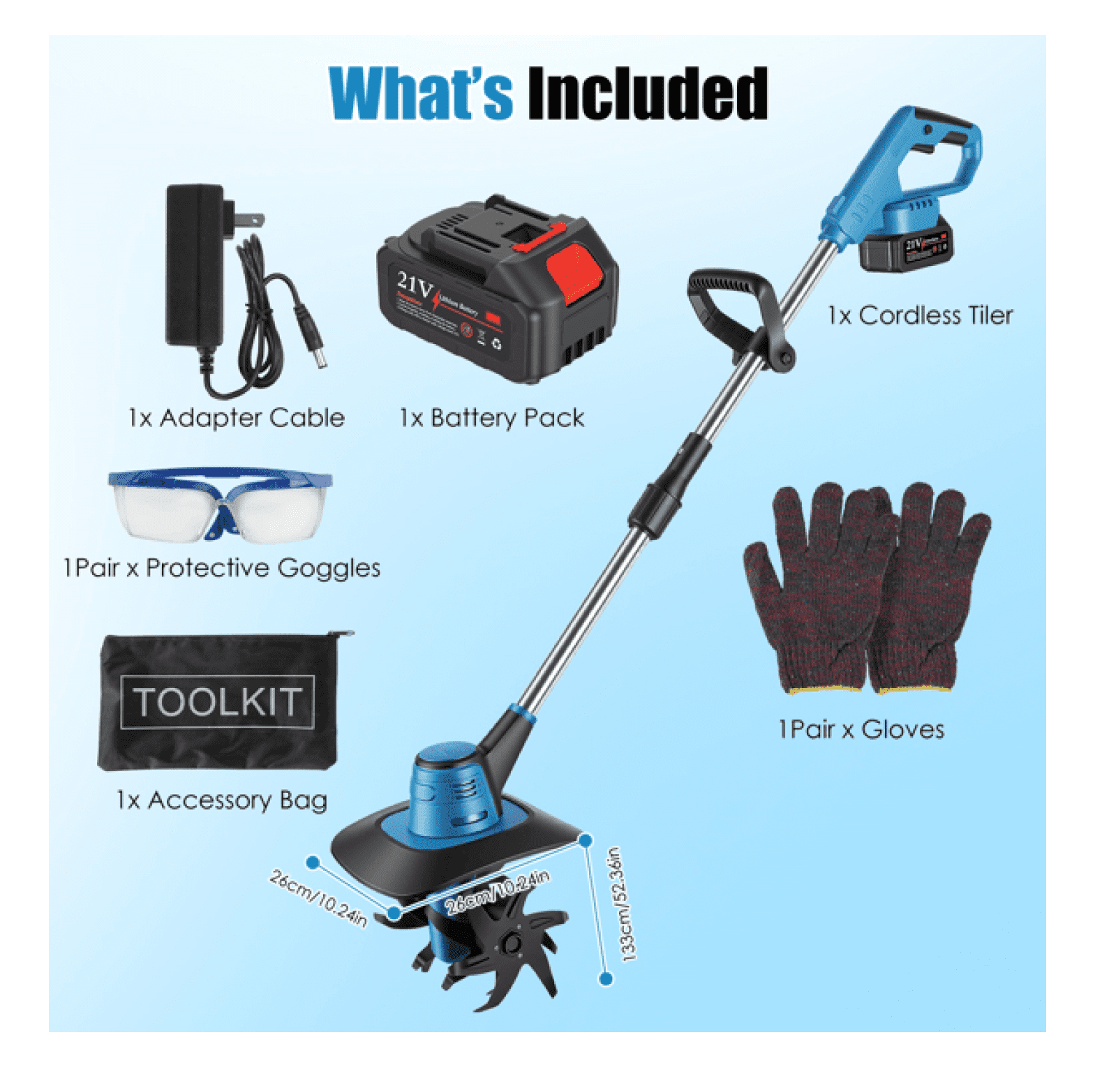Cordless Tiller Cultivator 800W Electric Soil Tiller, 21V Battery Powered Handheld Garden Cultivator with 6.69" Depth, for Yard Planting Weed Removal