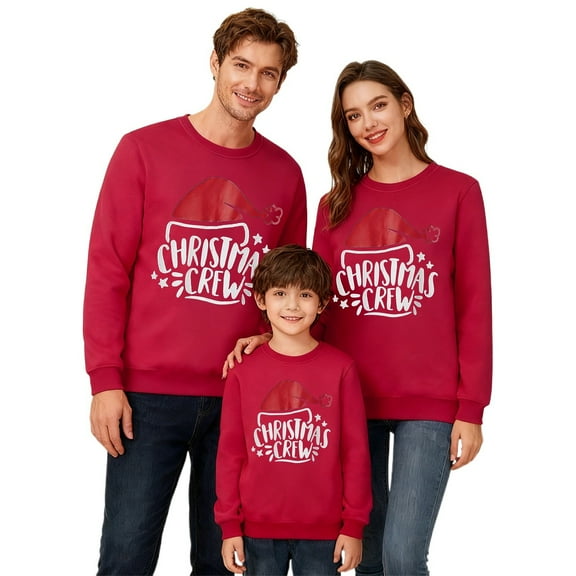 KHONTS Christmas Family Matching Sweatshirt Long Sleeve Cartoon Print Blouse Shirts Trendy Crew Neck Xmas Shirt for Family Men Red