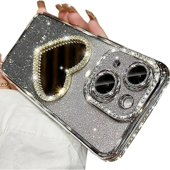 Glitter Mirror Case for iPhone 15 Plus, Luxury Diamond Heart Makeup Mirror Bling Sparkly Rhinestone with Camera Protector Soft Plating Bumper Slim Women Girls Case for iPhone 15 Plus (Silver)