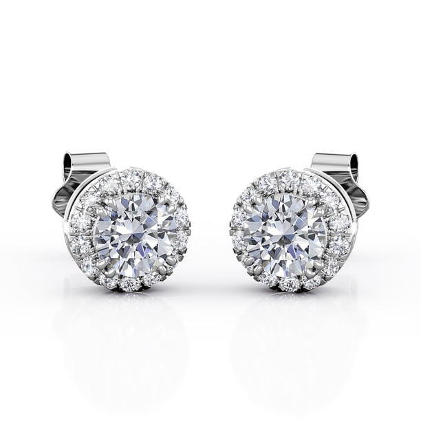 JeenMata Aros con Halo de Moissanita de Corte Redondo de 2,2 Quilates Engastados con 4 Puntas en Baño de Oro Blanco de 18 K sobre Plata