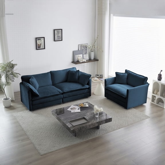 Modern Blue Chenille 2-Piece Sofa Set (2 Seater Loveseat & Chair) with Solid Wood Frame