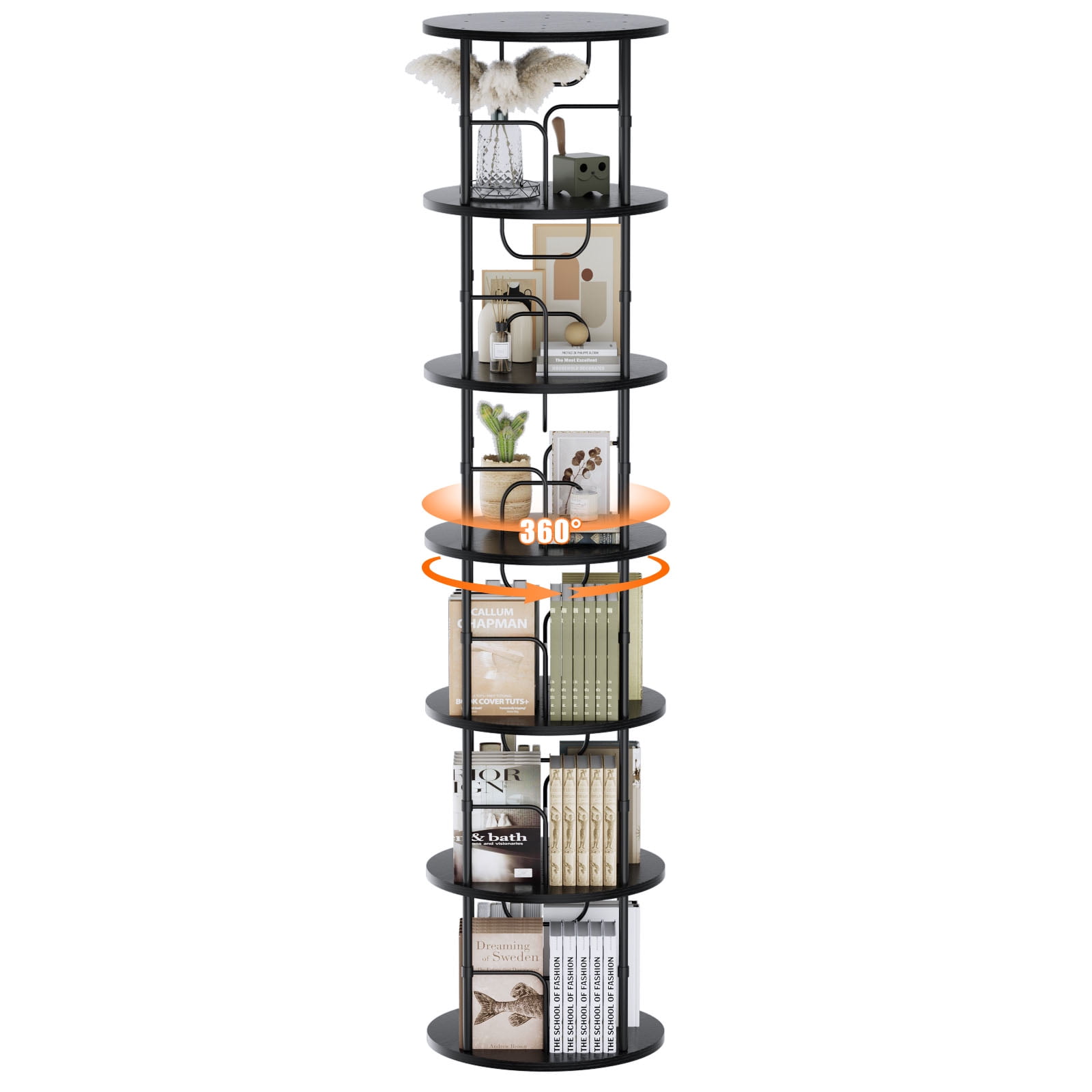 Flycity 6 Tier Rotate Bookcases, 360° Display Spin Bookcases Corner Shelf with Special Visible Partition Storage, Black