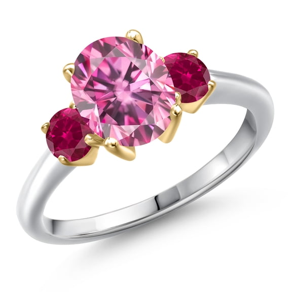 Gem Stone King 10K Two Tone Gold Pink Moissanite and Red Created Ruby Engagement Ring for Women | 2.50 Cttw | Oval 9X7MM | Gemstone Birthstone | Size 6
